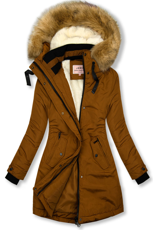 Hnedá predĺžená zimná bunda s béžovou kožušinou