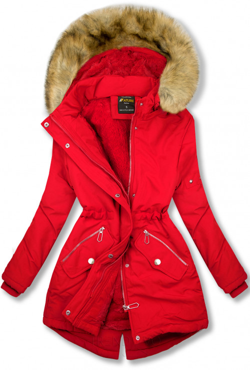 Červená zimná bunda s hnedou kožušinou