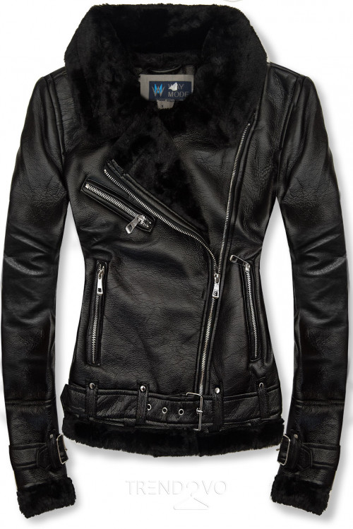 Čierna zateplená koženková bunda