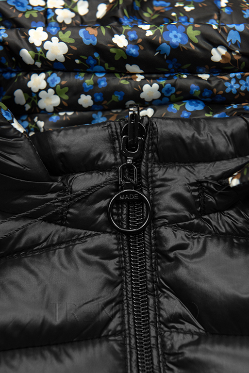 Obojstranná bunda s kvetinovým futrom čierna