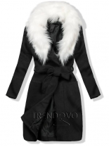 Čierny jesenný kabát s kožusinovým lemom