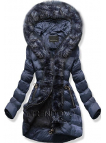 Tmavomodrá zimná bunda s kožušinovým lemom