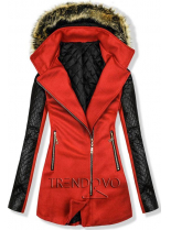 Červený kabát s koženkovými rukávmi