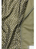 Khaki koženková bunda s kvetinovou podšívkou