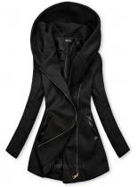 Čierny kabát s koženkovými detailami