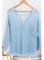 Svetlomodrý sveter s perličkami a šnurovaním
