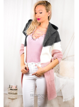 Pletený sveter s kapucňou grafit/biela/ružová