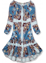 Modré vzorované šaty s volánovou sukňou