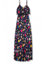 Tmavomodré maxi kvetinové farebné šaty