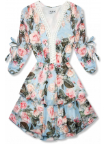 Bledomodré kvetinové šaty s volánmi a čipkou