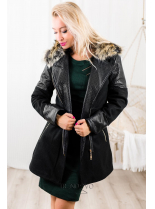 Čierny zimný kabát s kožušinovou podšívkou
