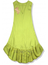 Pistáciovo zelené šaty so slamenou brošňou