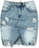 Modrá jeans sukňa s perličkami